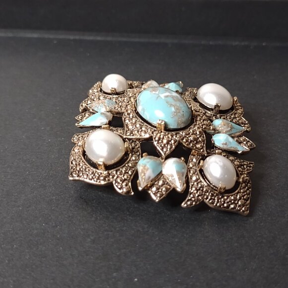 Pretty Blue And Gold Tone Diamond Shaped Sarah Coventry Large Brooch - Picture 12 of 13